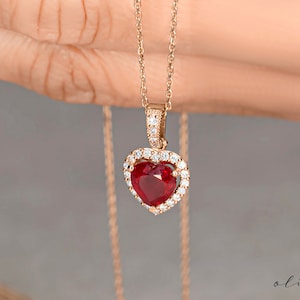 Heart Shaped Ruby Charm Necklace • Ruby Diamond Wedding Necklace • Dainty Statement Necklace • July Birthsrone Necklace • 14k Solid Gold