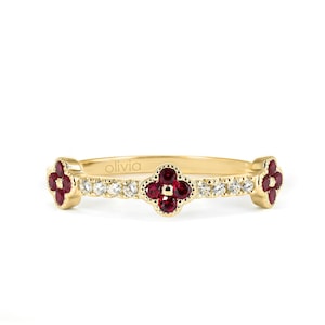 Clover Diamond Ring Gold • Dainty Ruby Gold Ring • Diamond Wedding Band • Minimalist Rings for Women Four Leaf Clover Ruby Ring