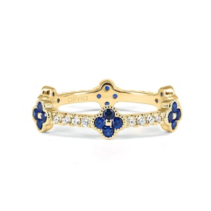 Sapphire Four Leaf Clover Ring • Eternity Clover Stack Ring • Dainty Sapphire and Diamond Ring Gold • Minimalist Vintage Rings for Women