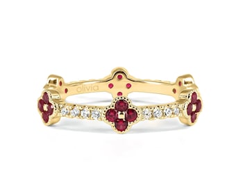 Clover Diamond Eternity Ring Gold • Ruby Clover Leaf Ring • Dainty Gold Rings • 14k Solid Gold Ring • Four Leaf Vintage Ring • Rings for Her