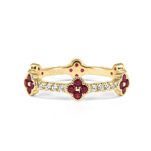 Clover Diamond Eternity Ring Gold • Ruby Clover Leaf Ring • Dainty Gold Rings • 14k Solid Gold Ring • Four Leaf Vintage Ring • Rings for Her