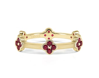 Ruby Clover Gold Ring • Dainty Eternity Gold Ring • Clover Vintage Ring • Stackable Gold Rings • 14k Solid Gold Ring • Rings for Women
