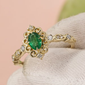 Vintage Engagement Ring Natural Emerald • Diamond Emerald Gold Ring • Ladies Engagement Ring • Promise Ring Her • Unique Rings for Women