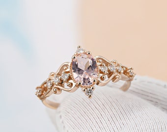 Vintage Morganite Ring • Engagement Rings Gold • 14k Rose Gold Ring • Wedding Band • Vintage Inspired Rings for Women • Art Deco Rings