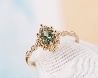 Vintage Engagement Ring • Green Sapphire Ring • Art Deco Rings • Dainty Gold Vintage Rings • Diamond Vintage Rings • Vintage Inspired Rings