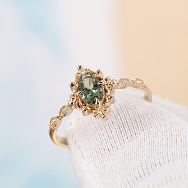 Vintage Engagement Ring • Green Sapphire Ring • Art Deco Rings • Dainty Gold Vintage Rings • Diamond Vintage Rings • Vintage Inspired Rings