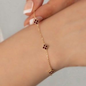 Clover Leaf Ruby Bracelet Gold • Five Charm Clover Bracelet • Dainty Bracelet Gold • Thin Charm Bracelet for Women • 14k Solid Gold Bracelet