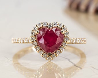 Heart Shaped Engagement Ring • Ruby and Diamond Wedding Band • Heart Ruby Promise Ring •14k Solid Gold Ring • Engagement Rings for Women