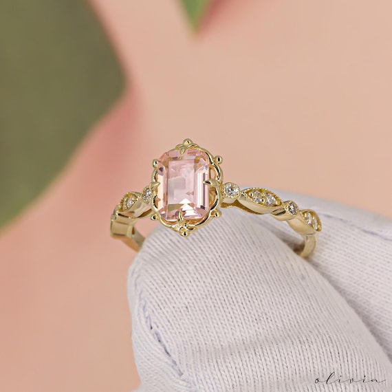 Vintage Emerald Cut Pink Morganite Ring: Rose Gold Diamond Engagement