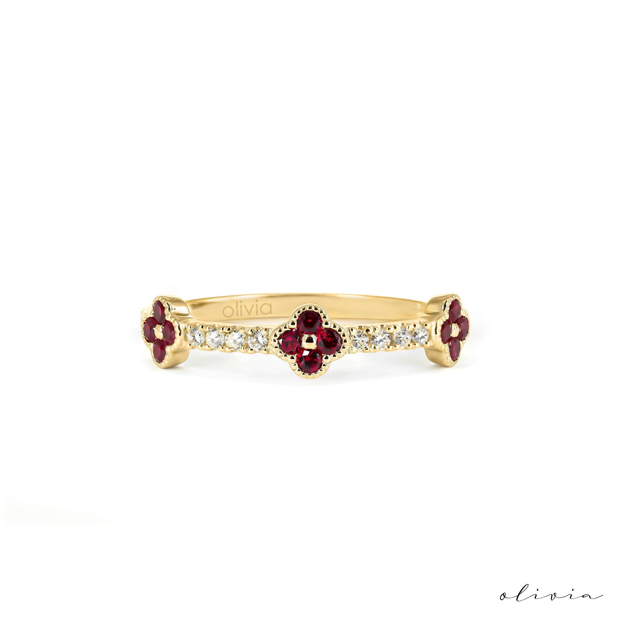 Clover Diamond Ring Gold • Dainty Ruby Gold Ring • Diamond Wedding Band • Minimalist Rings for Women Four Leaf Clover Ruby Ring