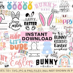 Może przedstawiać: Cyfrowy pobrany plik z ponad 50 plikami SVG, JPG i PNG o tematyce wielkanocnej. Obrazy zawierają uszy królicze, króliki, jajka wielkanocne i tekst, taki jak "Wesołych Świąt Wielkanocnych", "Królicze Buziaki" i "Jestem Królikiem Nauczycielem".