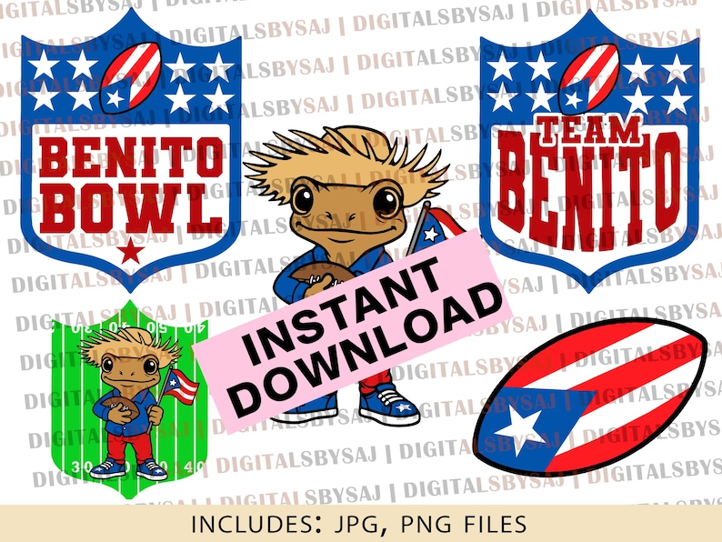 May include: Digital graphics featuring a cartoon frog with a football and Puerto Rican flag, alongside "Benito Bowl" and "Team Benito" logos. Includes a pink "Instant Download" banner and a Puerto Rican flag-themed football.