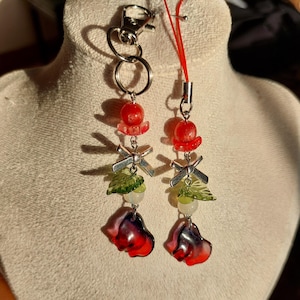 Rode handgemaakte sierlijke kerst herfst telefoonbedel, verjaardagscadeau voor haar hem, schattige tasbedel, Nintendo-sleutelhanger met kralensnuisterij, bedel strikje