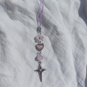 Purple Beaded Phone Charm: Y2k Star, Floral Design, Grunge, Gothic, Phone Strap