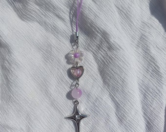 Purple Beaded Phone Charm: Y2k Star, Floral Design, Grunge, Gothic, Phone Strap