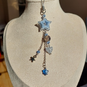 Dije de teléfono con estrella azul, correa de teléfono con cuentas, dije para bolso, estética de estrella, dije de teléfono con cuentas de corazón, lindo accesorio para teléfono, regalo para ella, llavero