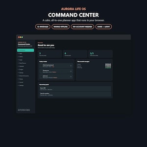 Może przedstawiać: Ciemny interfejs aplikacji planującej działającej w przeglądarce o nazwie Aurora Life OS Command Center. Pulpit nawigacyjny zawiera moduły do śledzenia zadań, nawyków, celów i budżetu z bocznym menu nawigacyjnym i przejrzystym układem.