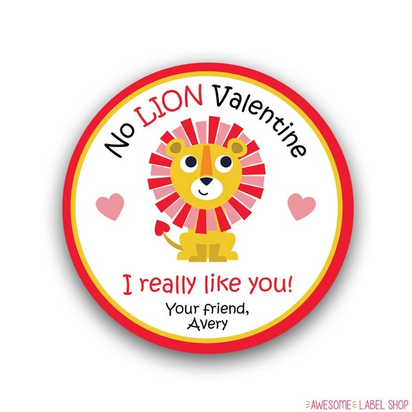 Lion Valentine Sticker for Kids, Lion Valentine Gift Tag Sticker Personalized, Round Valentine Sticker Sheet, Animal Valentine Stickers