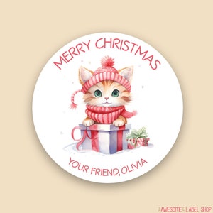 Personalized Christmas Stickers with Cat in Present, Cat Christmas Stickers for Kids, Cat Christmas Label, Christmas Gift Bag Labels Printed