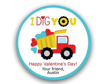 I Dig You Valentine Stickers, Dump Truck Valentine Labels,  Kids Valentine Bag Labels, Candy Bag Stickers, Personalized School Valentines