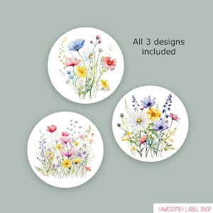 May include: Three watercolor illustrations of different floral arrangements. Each illustration features a variety of flowers in shades of pink, yellow, blue, and white. The text "All 3 designs included" is displayed above the illustrations.