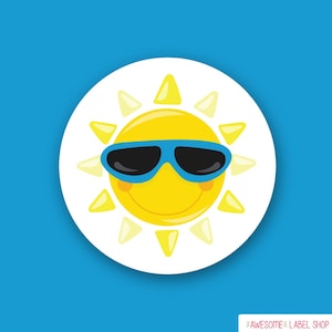 Sun Stickers, Sun Wearing Sunglasses, Summer Envelope Seals, Sun Envelope Stickers, Sunshine, Circle Sticker Sheet, Cute Envelope Stickers