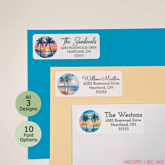 Tropical Address Labels, Palm Tree Address Labels, Tropical Sunset Return Address Labels, Beach Scene, Ocean, Tropical Beach Watercolor