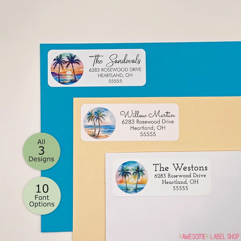 May include: Three rectangular address labels with rounded corners, each featuring a circular watercolor illustration of palm trees at sunset or beach scenes, printed with names and addresses including 6283 Rosewood Drive, Heartland, OH 55555.