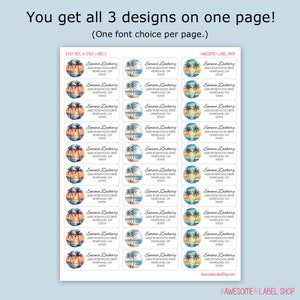May include: A sheet of rectangular address labels featuring three distinct tropical beach sunset designs with palm trees. Each label includes the name Emma Zachary, the address 6283 Rosewood Drive, Heartland, OH 55555, and the text Easy Peel & Stick Labels.