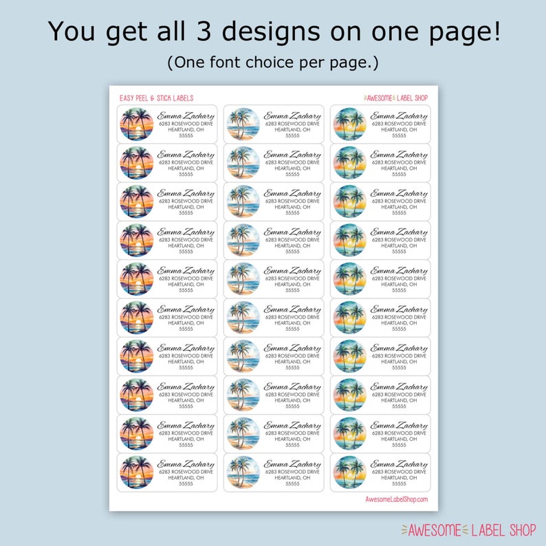 May include: A sheet of rectangular address labels featuring three distinct tropical beach sunset designs with palm trees. Each label includes the name Emma Zachary, the address 6283 Rosewood Drive, Heartland, OH 55555, and the text Easy Peel & Stick Labels.