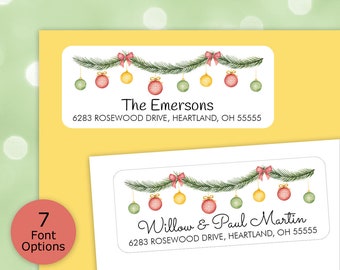 Christmas Garland Address Labels with Red Green Yellow Ornaments, Christmas Return Address Labels, Festive Holiday Return Address Stickers