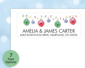 Christmas Return Address Labels with Christmas Lights and Ornaments, Festive Holiday Address Label Stickers Printed, Personalized Labels