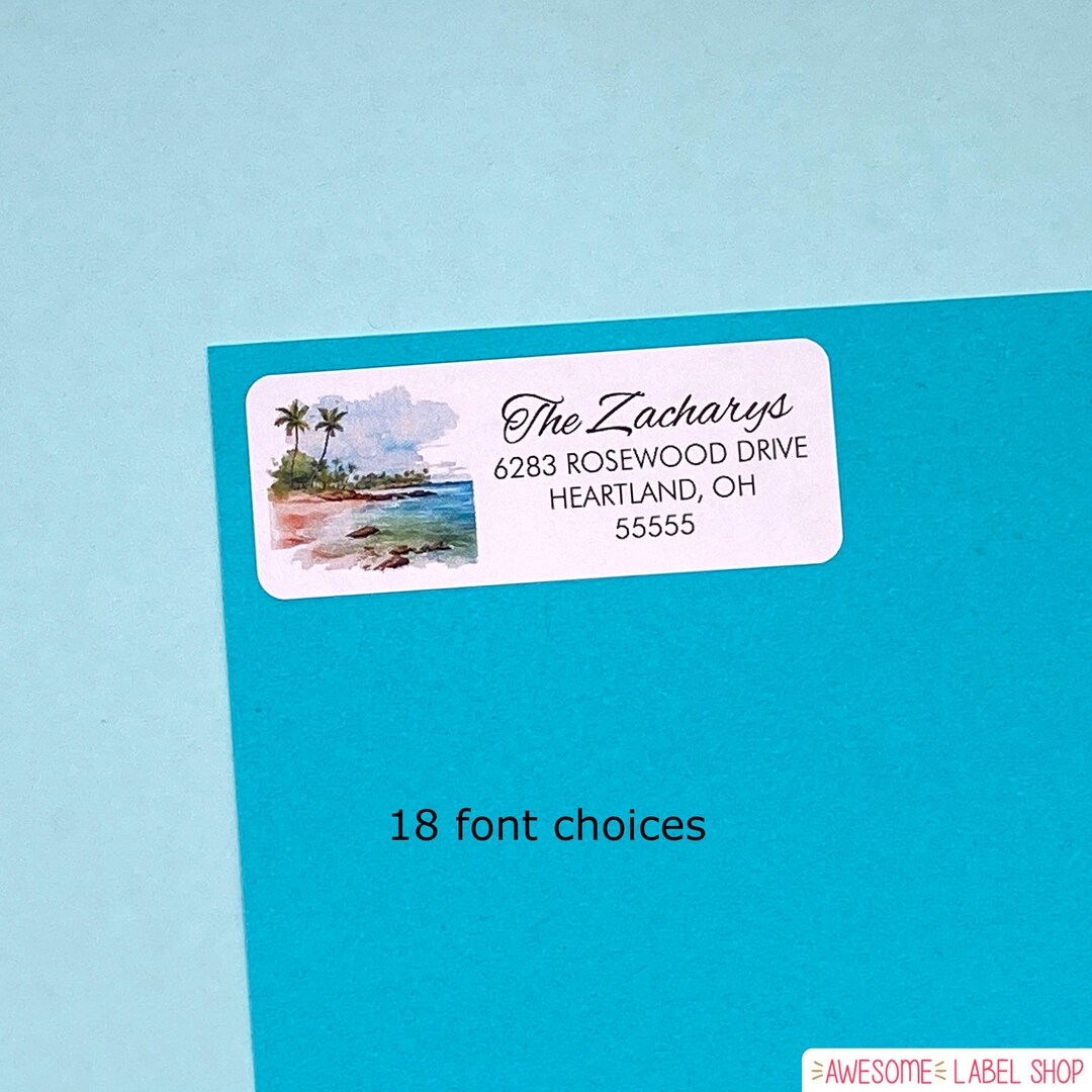 Coastal Address Labels With Palm Trees and Sandy Beach, Tropical Return ...
