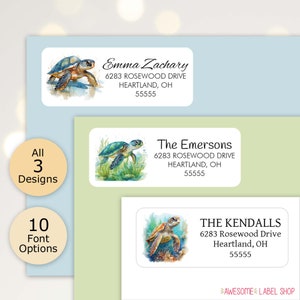 May include: Three different designs of return address labels featuring a watercolor illustration of a sea turtle swimming in the ocean. The labels include the text "Emma Zachary", "The Emersons", and "THE KENDALLS" with their respective addresses.