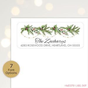 Christmas Watercolor Garland Address Labels with Gold Stars, Holiday Return Address Stickers, Personalized Christmas Card Address Labels