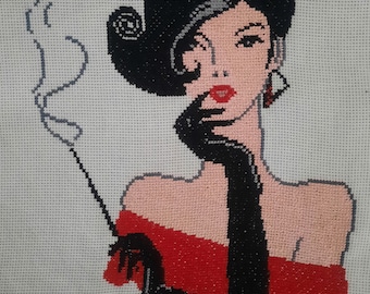 Stickbild Vintage Frau raucht. Crossstitch Vintage Woman smokes. Embroidery 100% handmade.