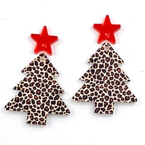Acrylic Matte Leopard Christmas Tree with Star Connector Blanks - DIY Dangle Earrings - Acrylic Earring Blanks - Blanks for Earring Makers