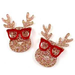 Nerdy Glitter Reindeer w/ Red Glasses Christmas Earring Blanks - DIY Dangle Earrings - Acrylic Earring Blanks - Blanks for Earring Makers