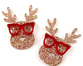 Pendientes navideños de reno con gafas rojas y purpurina - Pendientes colgantes DIY - Pendientes acrílicos - Pendientes para hacer pendientes