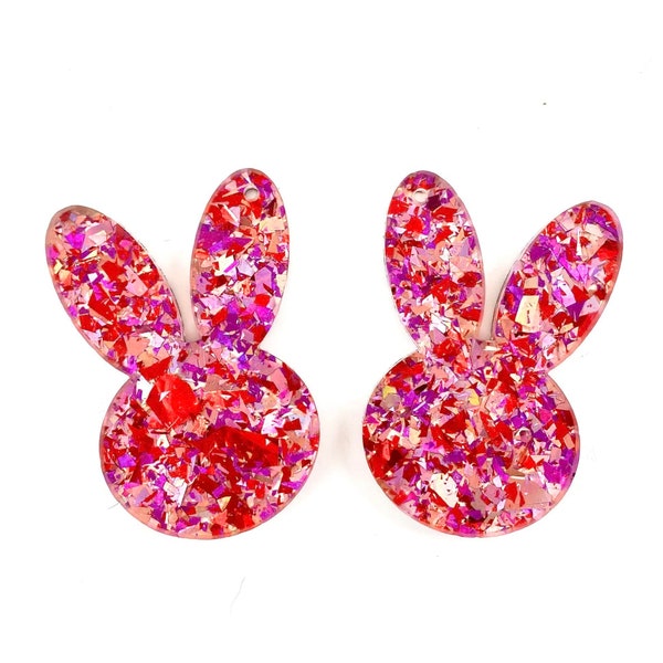 Pink Chunky Glitter Confetti Acrylic Bunny Ears Earring Blanks - DIY Jewelry - Blanks for Earring Makers