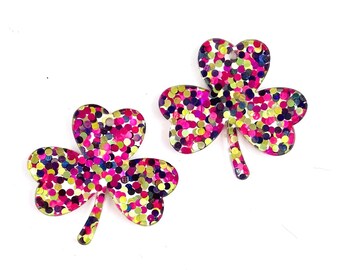 St. Patrick's Day Pink, Green, Gold, Black Confetti Shamrock Acrylic Earring Blanks - DIY Dangle Earrings - Blanks for Earring Makers
