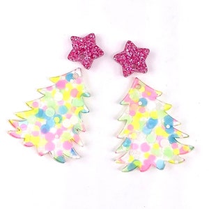 Sapin de Noël en acrylique pastel confettis avec ébauches de connecteurs étoiles scintillantes roses - Boucles d&#39;oreilles de Noël à faire soi-même - ébauches pour créateurs de boucles d&#39;oreilles