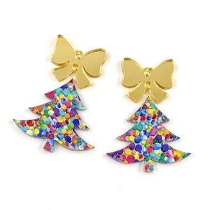 Multi Color Confetti Christmas Tree with Gold Mirror Bow Blanks - DIY Dangle Earrings - Acrylic Earring Blanks - Blanks for Earring Makers