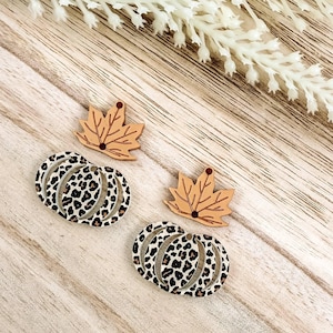 Metallic Orange Leaf and Leopard Pumpkin Acrylic Earring Blanks - DIY Fall Earrings Blanks - Blanks for Earring Makers - Earring Components