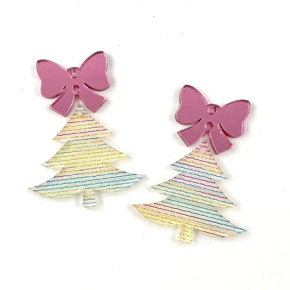 Multi Color Tensile Christmas Tree with Pink Mirror Bow Blanks - DIY Dangle Earrings - Acrylic Earring Blanks - Blanks for Earring Makers