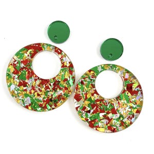 Christmas Chunky Confetti Double O w/ Green Mirror Round Connector Acrylic Earring Blanks - DIY Earring Blanks - Blanks for Earring Makers