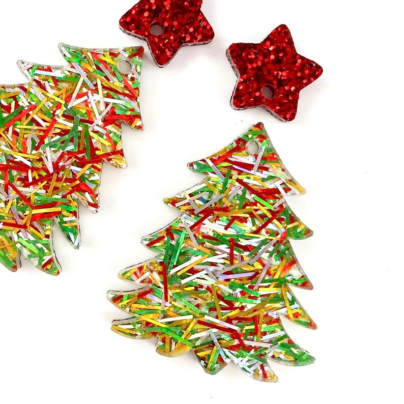 Tinsel Acrylic Christmas Tree With Red Glitter Star Connector Blanks