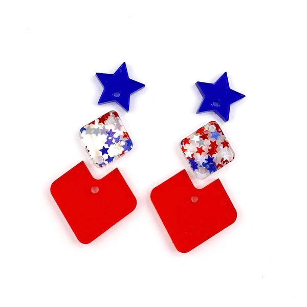 Blue Star, Star Confetti, Red Lola Acrylic Earring Blanks - DIY Patriotic 4th of July Dangle Earrings - Blanks for Earring Makers