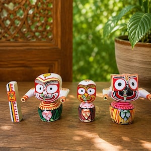 3 inch/7cm Pure Neem Wood Deities  Jagannath ,Balaram, Subhadra  with Sudarshan Chakra Statue handmade statue , made in vrindavan spiritual