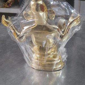 May include: A gold-colored metal statue of a deity with a pointed head and outstretched arms. The statue is wrapped in clear plastic.